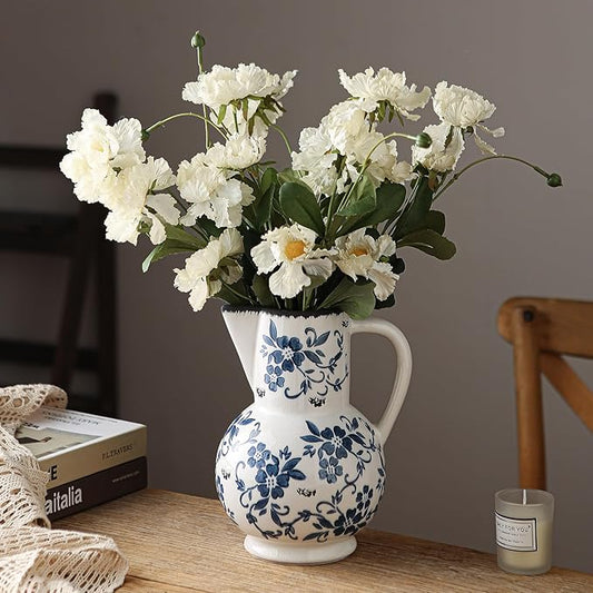 Blue and White Vintage Vase with Handle, Ceramic Chinoiserie Floral Pitcher Vase, Blue Large Vases for Home Decor Living Room, Rustic Table Centerpiece Grand Millennial and Tuscan Decor 8.7 Inch
