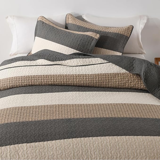 Finlonte Striped Bedspread Set Overszied King Size Lightweight Quilted Bed Spread Comforter Sets, Charcoal/Brown/Beige