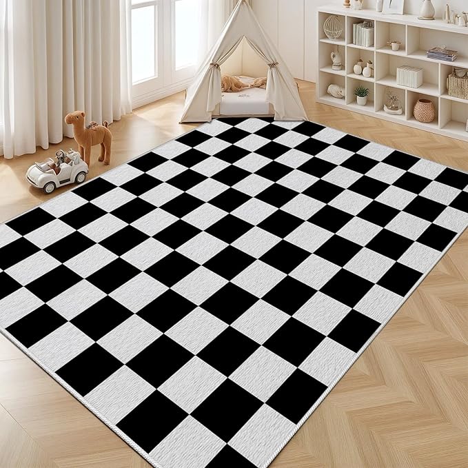 Black and White Checkered Rug for Living Room, 6x9 Area Rugs, Checkered Area Rug, Geometric Plaid Large Rugs, Washable Non Slip Retro Carpet Home Floor Decor