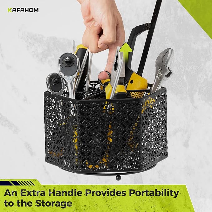 KAFAHOM 360° Rotating Tool Organizer，Small Repair Tool Storage Rack for Desktop Workbench,Hand Tool Stand Holder,Tool Caddy for Wrenches, Pliers, Tweezers, Scissors, Calipers, etc, Black-Hexagon