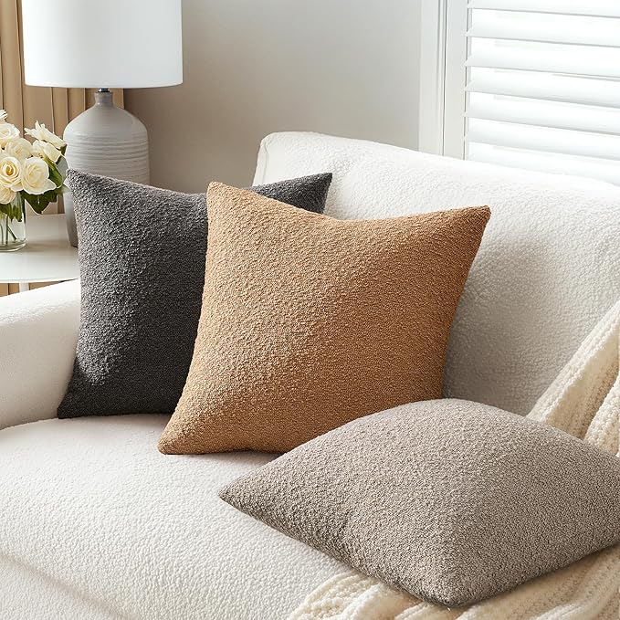 ANRODUO Pack of 2 Textured Boucle Throw Pillow Covers Soft Grey Euro Decorative Accent Solid Pillow Cases Cozy Modern Couch Cushion Case for Chair Sofa Bedroom Living Room Home Decor, 22 x 22 Inch