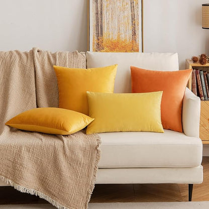 EMEMA Fall Orange Velvet Throw Pillow Covers 16x16 Inch Set of 2 Decorative Square Pillowcase Soft Solid Cushion Case for Couch Sofa Bedroom Livingroom
