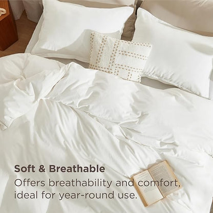 Bedsure 100% Stone Washed Cotton Duvet Cover Queen Size - White Minimalist Cotton Duvet Cover Linen Like for All Seasons - GentleSoft™ Plain Simple Bedding (White, Queen, 90"x90")