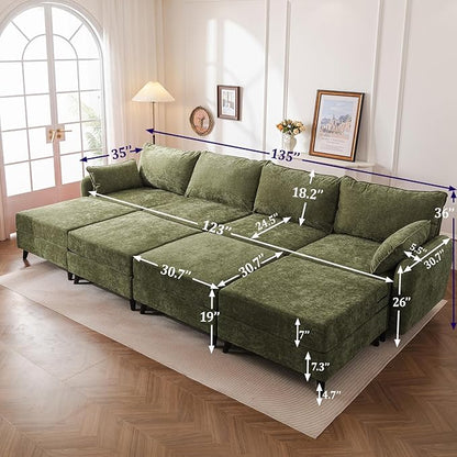135'' Modular Sectional Sofa with Seats Storage, Oversized Sleeper Sofa Bed,Comfy Couches for Living Room,Cloud Couches with Deep Seat,Movable Ottoman,2 Throw Pillow,Chenille,Green