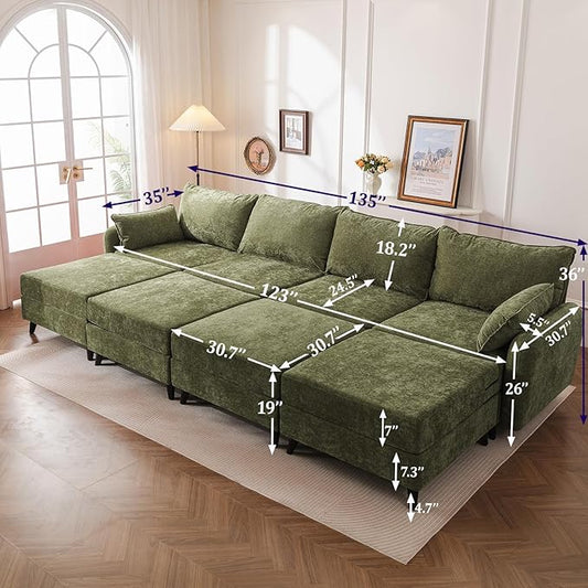 135'' Modular Sectional Sofa with Seats Storage, Oversized Sleeper Sofa Bed,Comfy Couches for Living Room,Cloud Couches with Deep Seat,Movable Ottoman,2 Throw Pillow,Chenille,Green