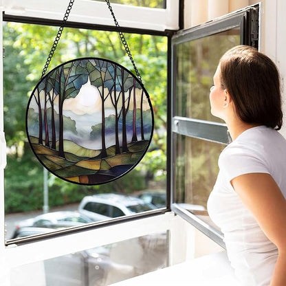 Stained Glass Window Hanging, Green Brown Smoke Forest Moon Suncatcher for Doors Window Home Tree Sun Catchers Decor Mother's Day Birthday Gifts for Women, Men Mom 9.8 in