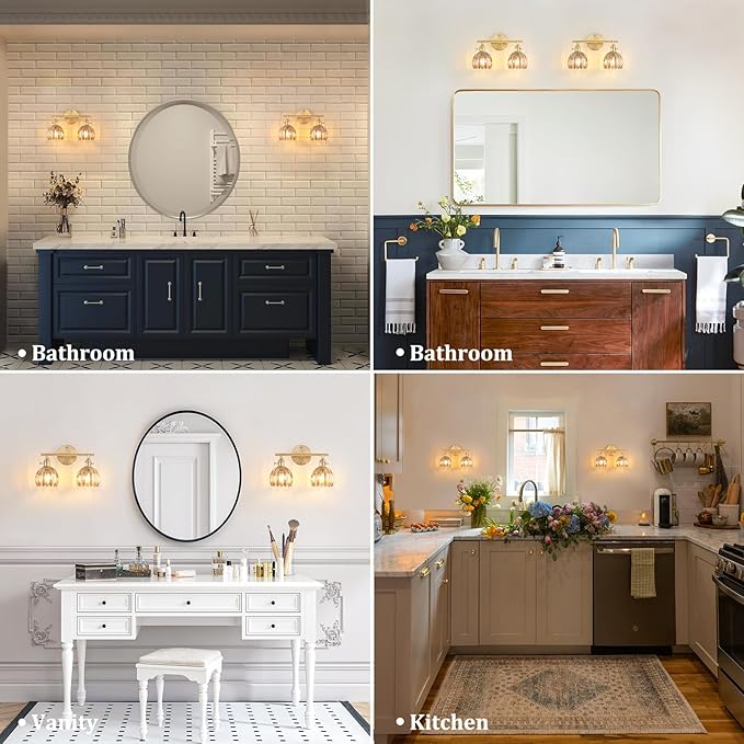 Bathroom Light Fixtures, 2-Light Brass Vanity Wall Light Over Mirror with Amber Tulip Glass Shade for Bedroom Living Room (Bulb Not Included)
