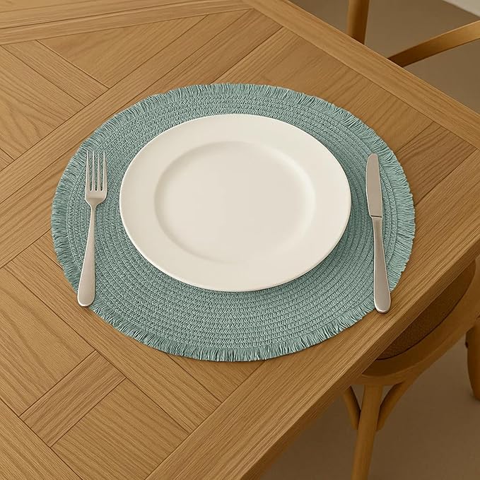 15 Inch Set of 6 Round Woven Placemats Braided Paper Heat Resistant Table Mats with Fringe Tassel Boho Indoor Outdoor Table Placemats for Dining Tables (Turquoise)