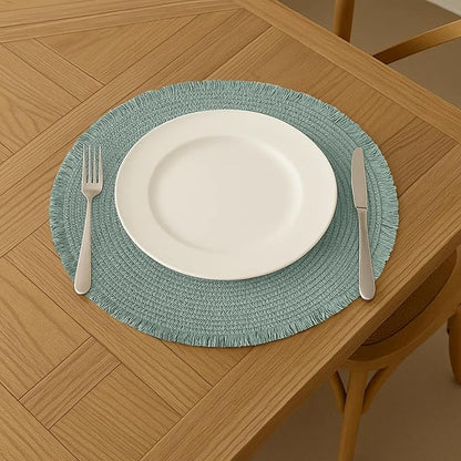 15 Inch Set of 6 Round Woven Placemats Braided Paper Heat Resistant Table Mats with Fringe Tassel Boho Indoor Outdoor Table Placemats for Dining Tables (Turquoise)
