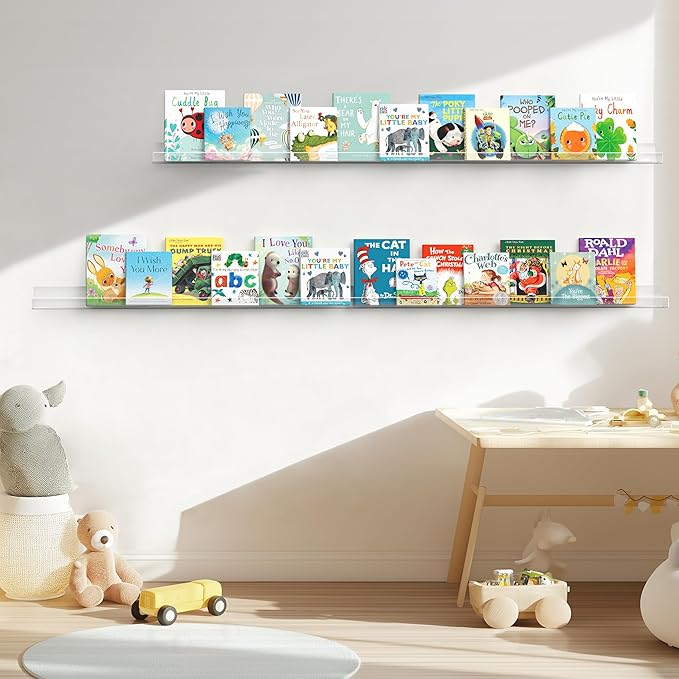 HBlife 48 Inches Invisible Wall Floating Bookshelf for Kids and Nursery, Clear Acrylic Shelves for Figures, 16 Inch Stud Spacing Long Large Picture Ledge Shelf for Photo Frames, 4 Pack (5MM Thick)