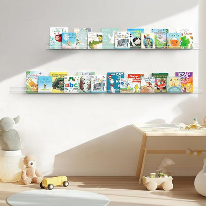 HBlife 48 Inches Invisible Wall Floating Bookshelf for Kids and Nursery, Clear Acrylic Shelves for Figures, 16 Inch Stud Spacing Long Large Picture Ledge Shelf for Photo Frames, 4 Pack (5MM Thick)