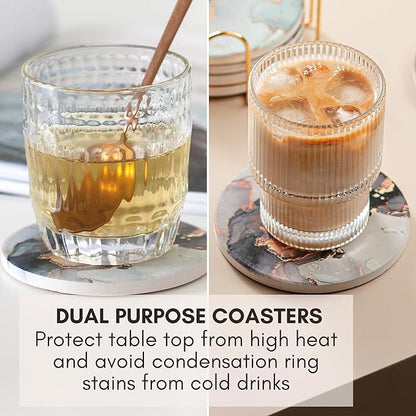 Ceramic Absorbent Coasters Set of 6 with Holder, Marble Drink Coasters for Coffee Table, Water Absorbing Coaster (Twinkle)