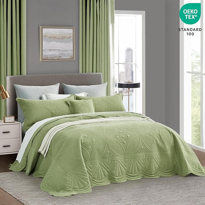 Bedspread - Full Size Bedding Cover - Modern & Contemporary Coverlet Set, Real Stitching, Reversible, Lightweight, 5 Piece, Sage Green