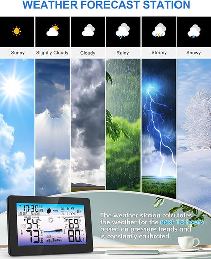 Weather Station Wireless Indoor Outdoor, Digital Thermometer with Accurate Temperature & Humidity, Large Color HD Display with Remote Sensor, Weather Forecast, Atomic Clock, Moon Phase