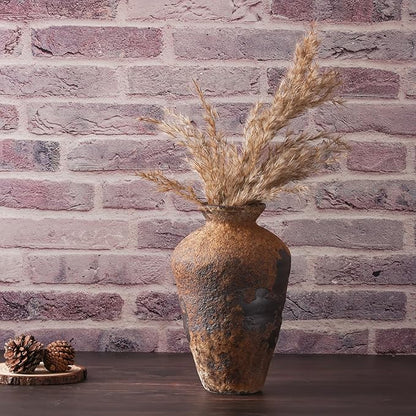 Small Stone Vase for Rustic Home Decor, Farmhouse Antique Pottery Vase Furniture&Table Flower Decorative, Round Terracotta Vases for Living Room Decor, Modern Rustic Concrete Clay Art Vases