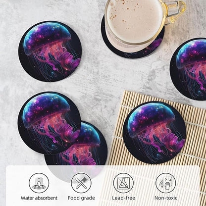 6 Pcs Ceramic Coasters with Holder Absorbent Drink Round Fantasy Starry Sky Galaxy Gellyfish Design for Home Table Coffee Cup Wine Beer Bar,Size 4.4 inches