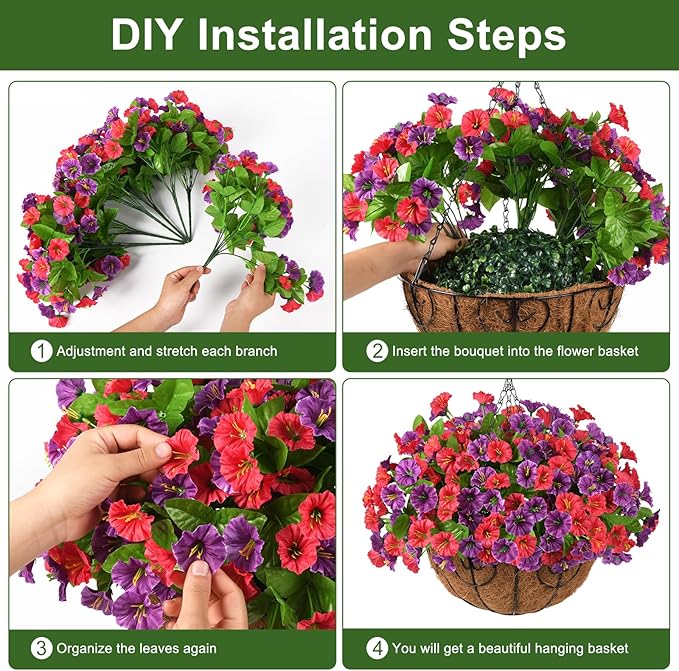 Artificial Fake Hanging Flowers with Basket for Outdoors, Faux Silk Petunias Flower Spring Summer Decor UV Resistant Look Real for Home Outside Patio Front Porch Decorations