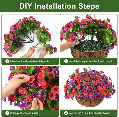 Artificial Fake Hanging Flowers with Basket for Outdoors, Faux Silk Petunias Flower Spring Summer Decor UV Resistant Look Real for Home Outside Patio Front Porch Decorations