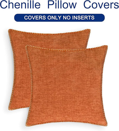 CaliTime Fall Throw Pillow Covers Decorative 20 X 20 Inches Pack of 2 Cotton Thread Stitching Edges Solid Dyed Soft Chenille Cushion Cases for Couch Sofa Bed Living Room Farmhouse Burnt Orange