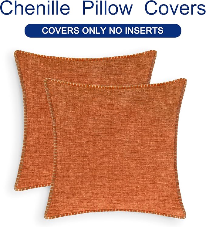 CaliTime Fall Throw Pillow Covers Decorative 18 X 18 Inches Pack of 2 Cotton Thread Stitching Edges Solid Dyed Soft Chenille Cushion Cases for Couch Sofa Bed Living Room Farmhouse Burnt Orange