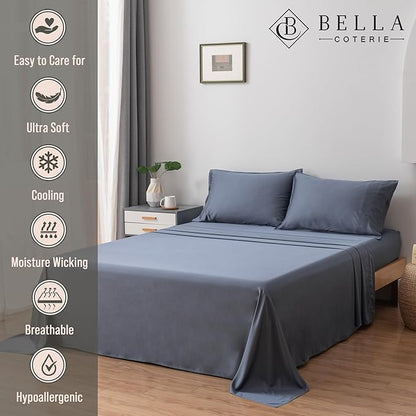 Bella Coterie Luxury Bamboo Viscose 34” Split Top King Size Sheet Set | 1 Fitted Sheet for Sleep Number & Adjustable Beds | 100% Organically Grown | Cooling & Soft | 18” Deep Pocket [Slate Blue]