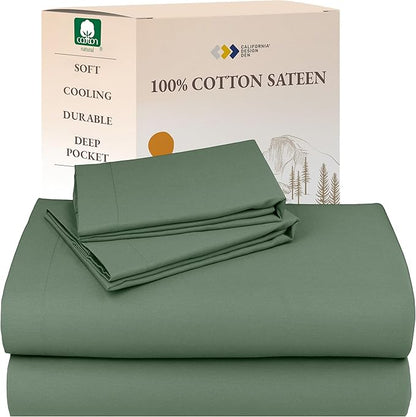 California Design Den Natural 100% Cotton Bed Sheets King Size Set with Deep Pockets - Soft Sateen King Sheet Set, Breathable and Durable Bedding (Sage Green - Dark)
