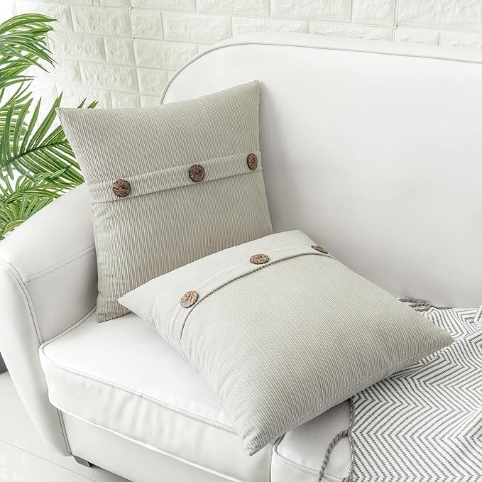 HWY 50 Light Grey Gray Chenille Throw Pillow Covers 22x22 Inch with Triple Buttons, Soft Farmhouse Accent Decorative Cushion Cases for Couch Sofa Bed Living Room Pack of 2