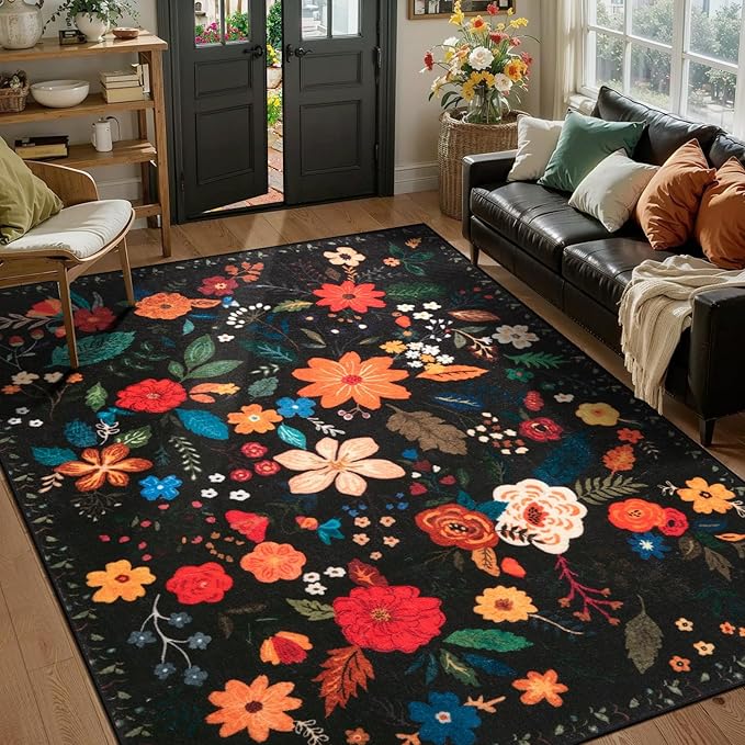 Tangsoo 5x7 Area Rug for Living Room Bedroom, Non Slip Machine Washable Boho Floral Rug, Low Pile Large Floor Carpet Indoor Mats for Kids Room, Farmhouse, Dining Room, Office(Black)