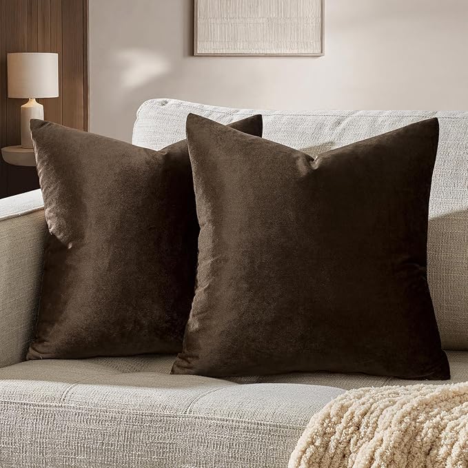 GIGIZAZA Brown Velvet Pillow Covers 24x24,Square Solid Throw Pillow Covers Decorative Modern Pillows Big Vintage Cases for Couch Pack of 2