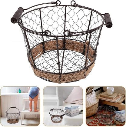 Mobestech Iron Wire Woven Small Storage Basket with Handle, Metal Sundry Organizer for Kitchen Countertop and Desktop, Vintage round Iron Fruit and Bread Holder for Home Storage