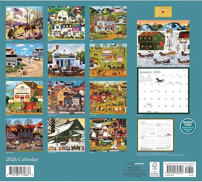 Carousel Calendars Charles Wysocki Americana Deluxe Wall Calendar 2026 – Timeless Vintage Scenes, Premium Large Format Calendar Jan-Dec 2026, 12″ × 14″