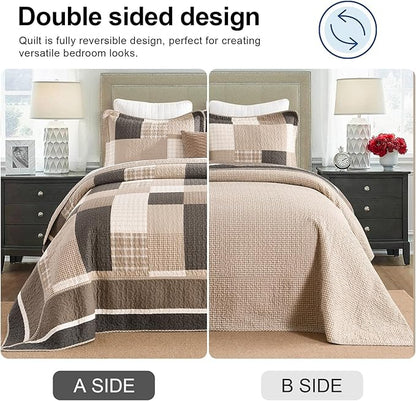 EWlinens 100% Cotton 120"x128" Oversized California King Bedspread - Reversible Patchwork Plaid Extra Large Quilt Bedding Set, Cal King Bedspreads Coverlet Set, Lightweight Quilts, 3pcs, Brown/Beige