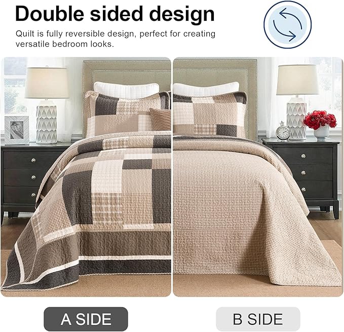 EWlinens 100% Cotton 120"x102" Oversized Queen Bedspread - Reversible Patchwork Plaid Extra Large Quilt Bedding Set, Queen Bedspreads Coverlet Set, Lightweight Cozy Luxurious Quilts, 3pcs, Brown/Beige