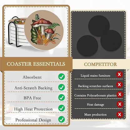 Drink Coasters Set of 6,Mushroom Coffee Cup Mat with Storage Holder, Durable Ceramic Coaster Set for Hot & Cold Beverages