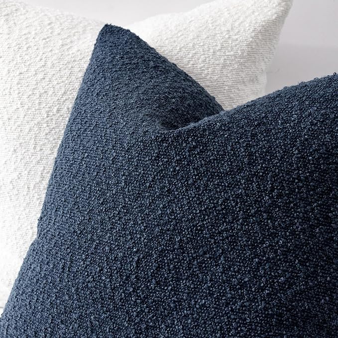 Boucle Decorative Throw Pillow Covers for Couch Set of 2, 24x24 inches, Navy Blue