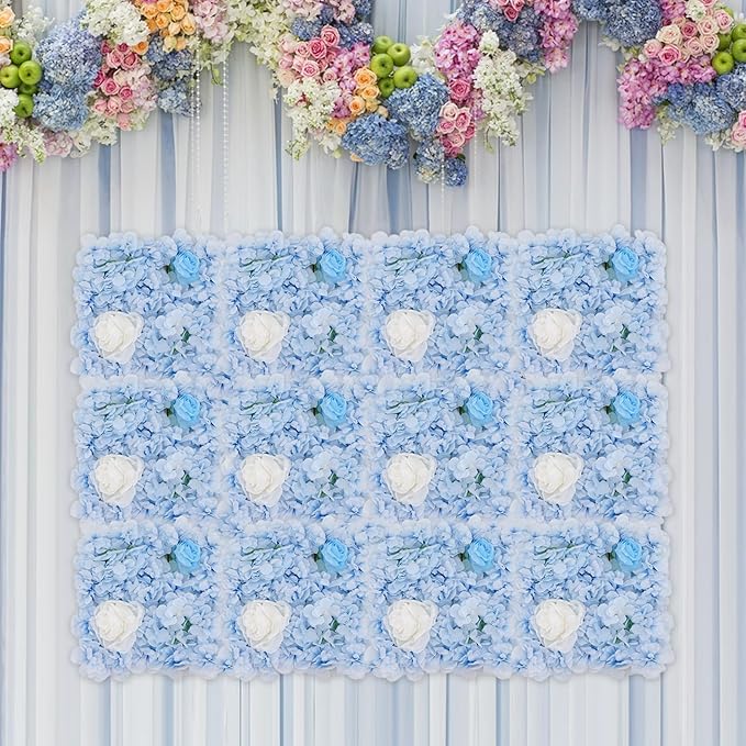 12Pcs Artificial Flower Wall Panel 3D Floral Backdrop Walls15 X 15" Flower Wall Decor Panel Flower Backdrop for Party Home Background Decor, Blue & White