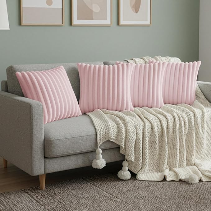 Pink Throw Pillow Covers 18 x 18 Set of 4, Cute Boho Throw Pillow Cover for Couch/Bed, Decorative Pillows Covers for Sofa/Bed, Accent Pillow Covers for Living Room, Rustic/Home/Room Decor