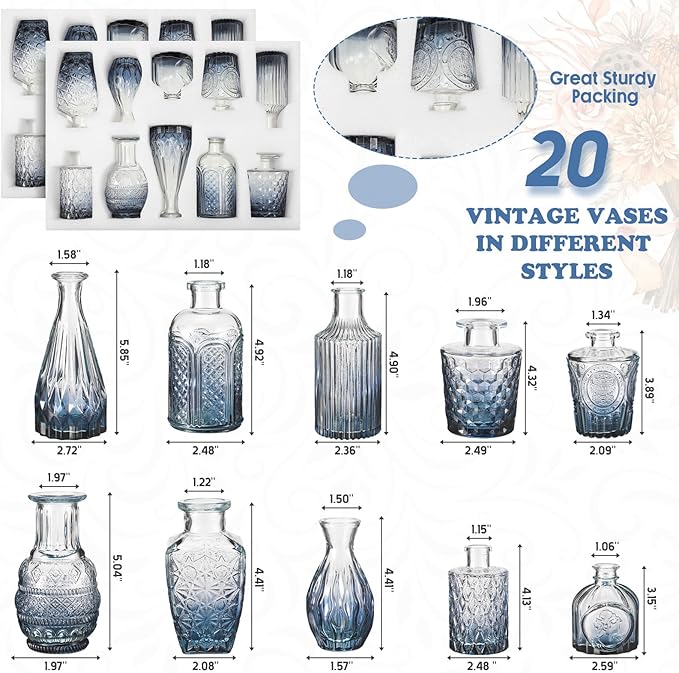 20 Pcs Glass Bud Vase Set Small Vintage Flower Vase in Bulk for Centerpieces Rustic Decorative Glass for Wedding Table Home Christmas Decoration (Gradient Blue)