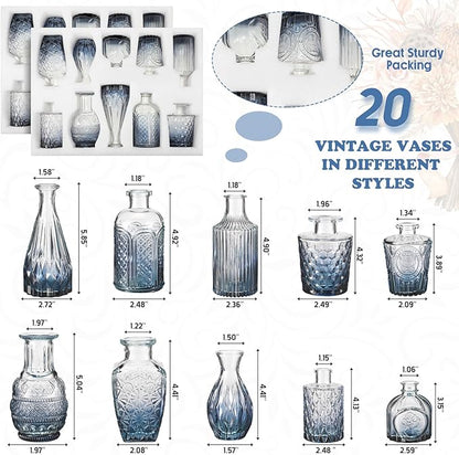 20 Pcs Glass Bud Vase Set Small Vintage Flower Vase in Bulk for Centerpieces Rustic Decorative Glass for Wedding Table Home Christmas Decoration (Gradient Blue)