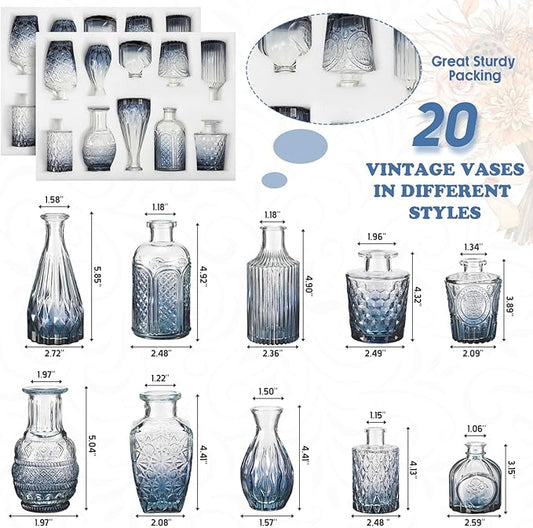 20 Pcs Glass Bud Vase Set Small Vintage Flower Vase in Bulk for Centerpieces Rustic Decorative Glass for Wedding Table Home Christmas Decoration (Gradient Blue)