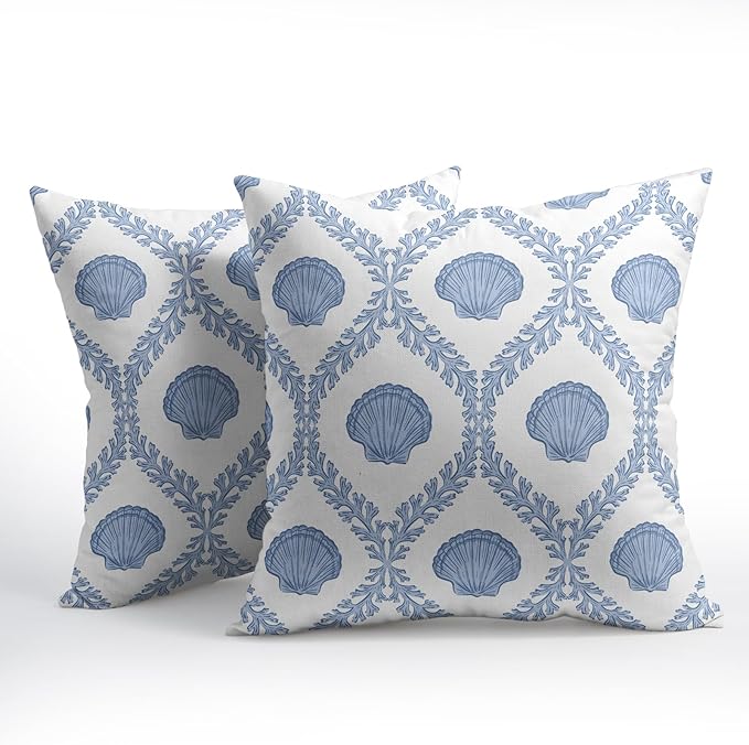 Light Blue Coastal Pillow Covers 24x24 Set of 2 Ocean Coral Shell Pattern Outdoor Decorative Linen Summer Throw Pillows Cases with Zipper Cushion Cover Rustic Decoration Farmhouse Sofa Couch Bed Decor