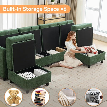 107”Modular Sectional Sofa Convertible U Shaped Sofa Couch Set with Storage for Living Room, Modern 6 Seater Modular Sectional Couch with Movable Ottoman, Chenille Dark Green