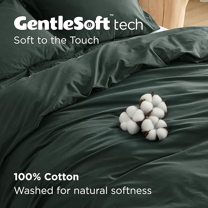 Bedsure 100% Washed Cotton Duvet Cover Queen Size - Forest Green Minimalist Cotton Duvet Cover Linen Like for All Seasons - GentleSoft™ Plain Simple Bedding (Forest Green, Queen, 90"x90")