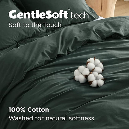 Bedsure 100% Washed Cotton Duvet Cover Queen Size - Forest Green Minimalist Cotton Duvet Cover Linen Like for All Seasons - GentleSoft™ Plain Simple Bedding (Forest Green, Queen, 90"x90")