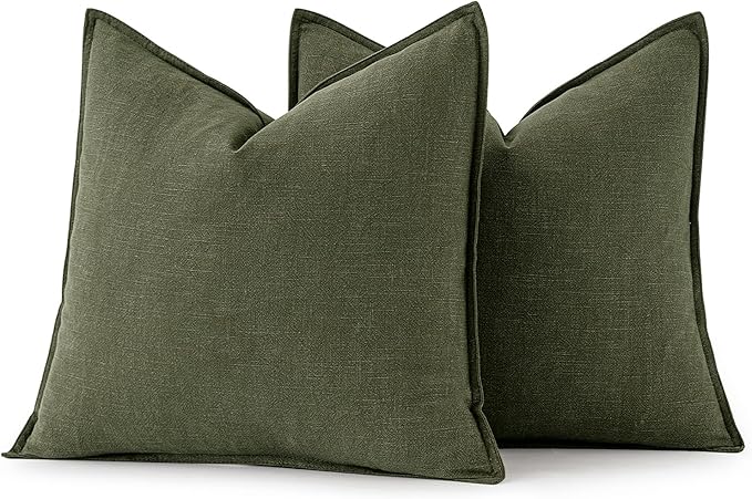 MIULEE Decorative Linen Pillow Covers 16x16 Inch Dark Olive Green Boho Farmhouse Neutral Spring Couch Throw Pillows for Bed Pack of 2 Accent Modern Pillowcase Sofa Livingroom Home Decor