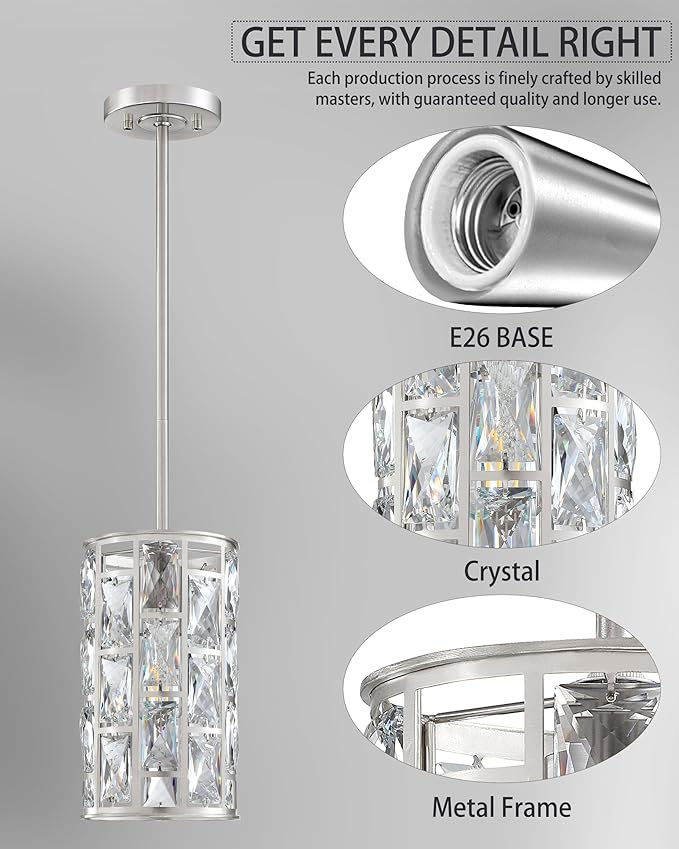 2 Pack 1 Light Hanging Kitchen Island 5.5" Crystal Modern Pendant Light Fixture,Brushed Nickel Finish with Crystal Shade for Bar,Dining Room,Corridor,Living Room Over Sink