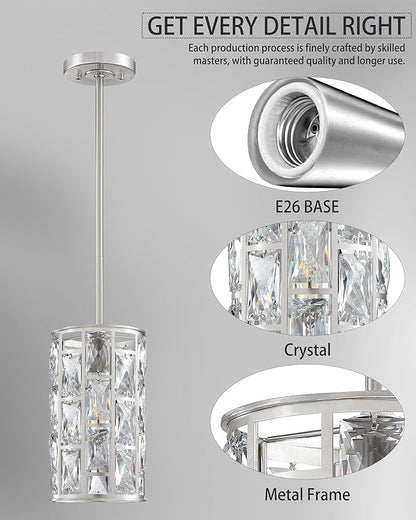2 Pack 1 Light Hanging Kitchen Island 5.5" Crystal Modern Pendant Light Fixture,Brushed Nickel Finish with Crystal Shade for Bar,Dining Room,Corridor,Living Room Over Sink