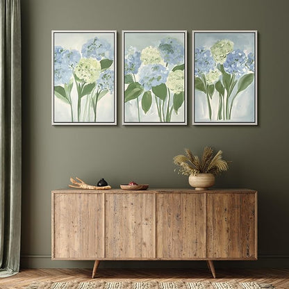 MUDECOR Framed Wall Art Print Set Blue Hydrangea Floral Botanical with Green Leaves Illustrations Modern Art Boho Decorative Colorful Chic for Living Room, Bedroom, Office - 24"x36"x3 White