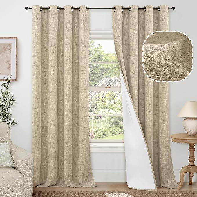 Lajode 100% Blackout Curtains 95 Inches Long for Living Room 2 Panels Set, Faux Linen Textured Floor Length 95 Inch Thermal Insulated Bronze Grommet Boho Window Drapes, Each 52" Wide, Burlap