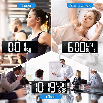 Large Digital Wall Clock with Remote Control 17.2" LED Large Display Timer with Temperature Date Week Auto DST Adjustable Brightness, Big Wall Alarm Clock for Living Room Office Garage Gym Seniors